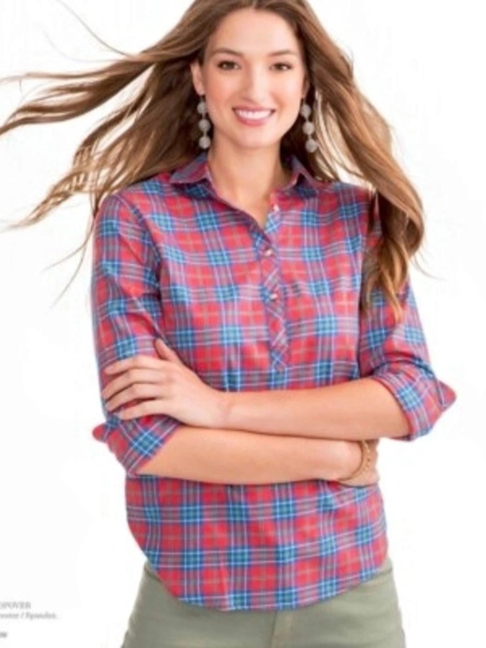 Southern Tide Hadley Pullover Ski Patrol Plaid Shirt Red & Blue - Large